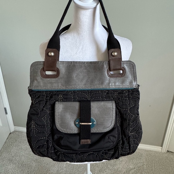 Fossil Black and Gray Fabric Quilted Key-Per Shoulder Bag Purse - Picture 1 of 8